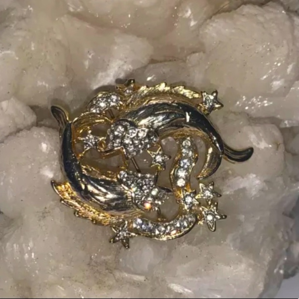 Jewelry Rhinestone Yin Yang Fishes GoldTone Brooch